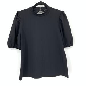 Ann Taylor Puff Sleeve Blouse Womens Sz Medium Black High Neck Keyhole Back NEW